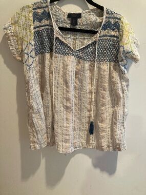 RACHEL Rachel Roy Cream Bo Ho style with Blue Embroidered Yoke and Tassels
